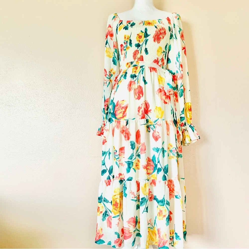 LoveColette CreamYellow Orange Red  Green Floral Long Sleeve Smocked Maxi Dress.
